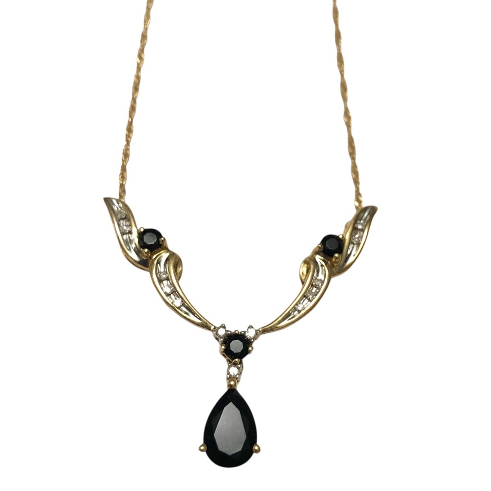 Vintage Pear Shaped Onyx & Diamond 17" Necklace 10 K Yellow Gold